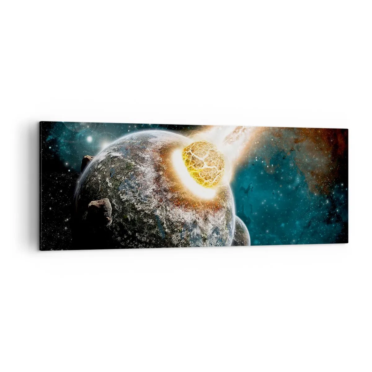 Bild auf Leinwand - Leinwandbild - Kosmische Kollision eines Planeten mit einem Asteroiden in der Nähe der Galaxie. - 140x50cm - Holocaust oder Geburt? - Moderne Wanddekoration für Wohnzimmer und Schlafzimmer ARTTOR