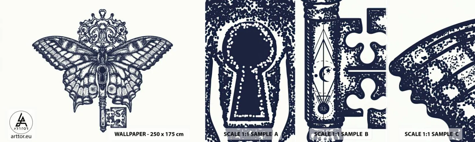 Fototapetenmuster Standard Eco - Alle Geheimnisse des Herzens - Abstraktion, Schmetterling, Schlüssel - 100x30 cm