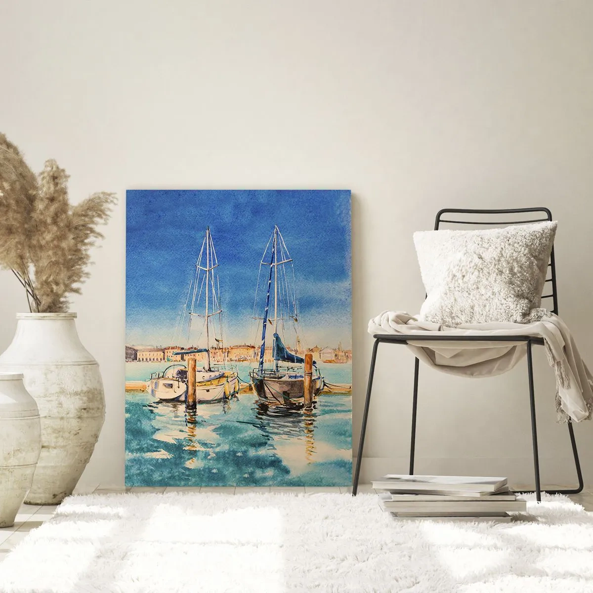 Glasbild - Bild auf glas - Aquarell-Jachthafen mit Leuchtturm und festgemachten Yachten - 50x70cm - Sonnige Lagune - Moderne Wanddekoration für Wohnzimmer und Schlafzimmer ARTTOR