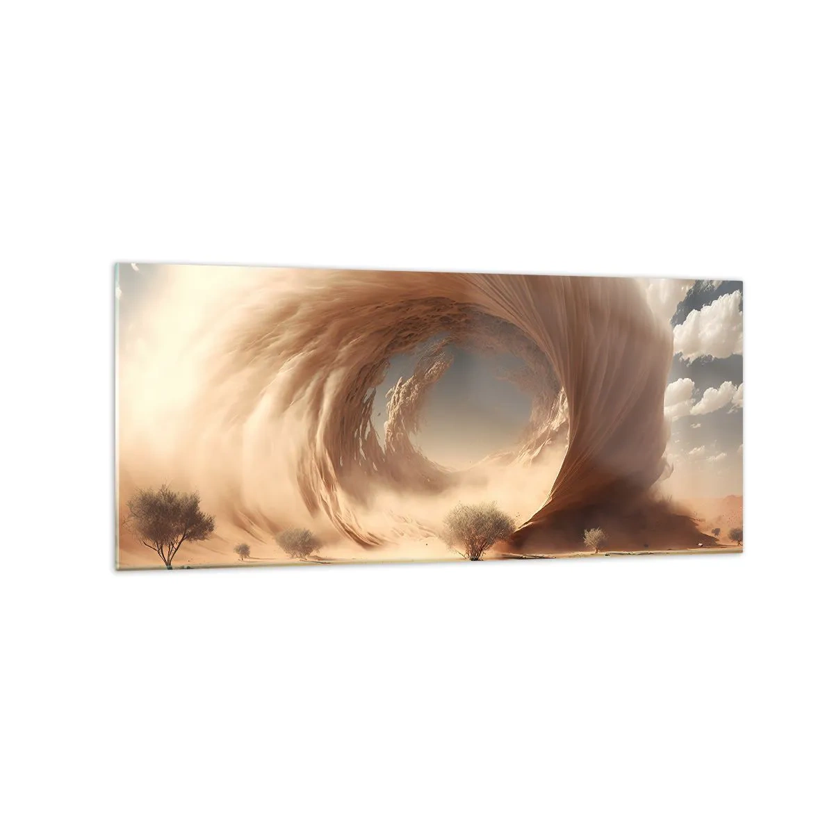 Glasbild - Bild auf glas - Dynamischer Sandwirbel in einer Wüste mit Bäumen - 120x50cm - Geöffnetes Portal - Moderne Wanddekoration für Wohnzimmer und Schlafzimmer ARTTOR