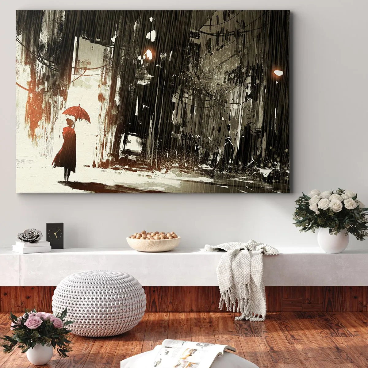 Bild auf Leinwand - Leinwandbild - Eine rote Figur mit einem Regenschirm in einer regnerischen Szene - 70x50cm - Die Poesie des roten Regenschirms - Moderne Wanddekoration für Wohnzimmer und Schlafzimmer ARTTOR