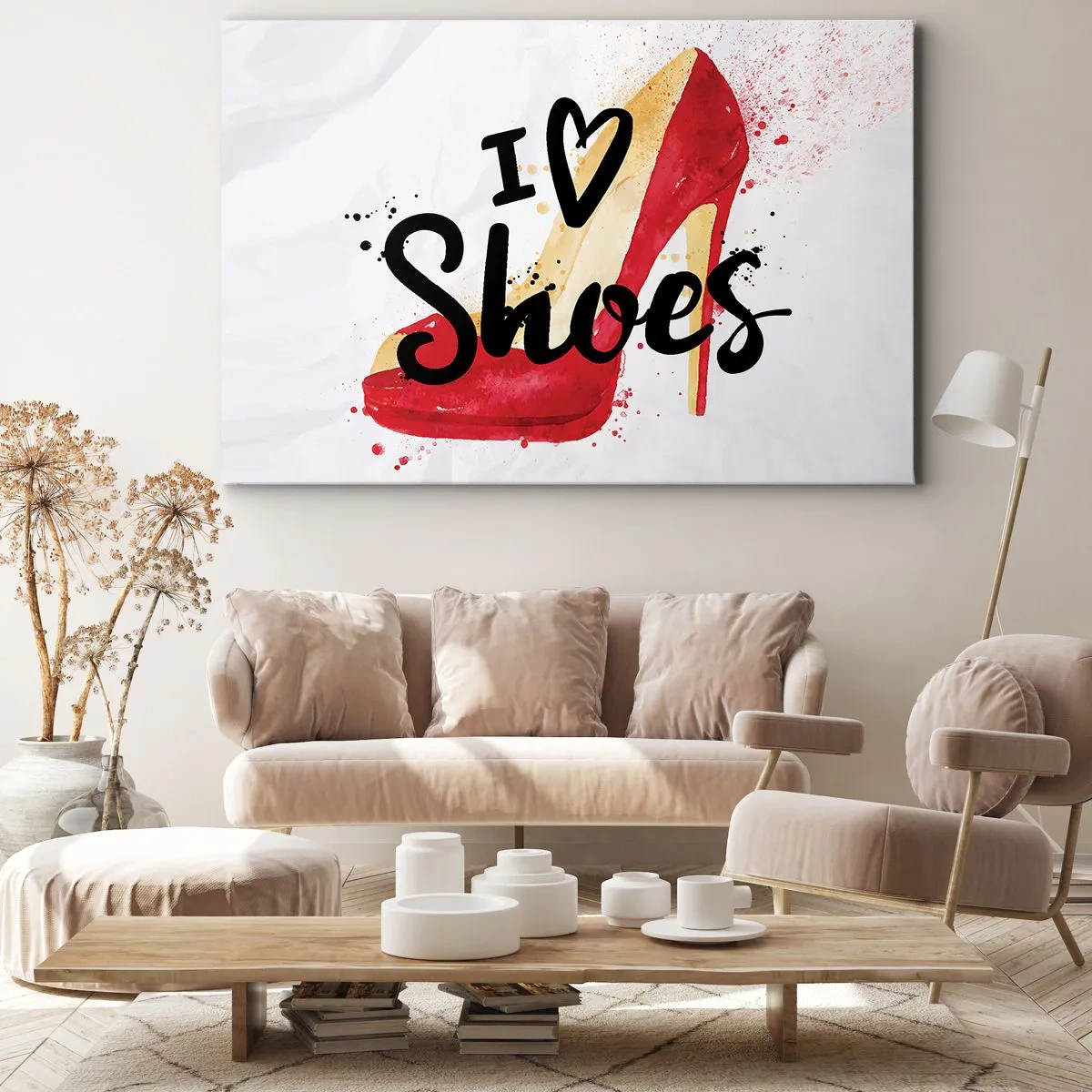 Bild auf Leinwand - Leinwandbild - Roter Stiletto mit der Aufschrift „I love Shoes“ auf weißem Hintergrund - 70x50cm - Liebe hat viele Namen - Moderne Wanddekoration für Wohnzimmer und Schlafzimmer ARTTOR