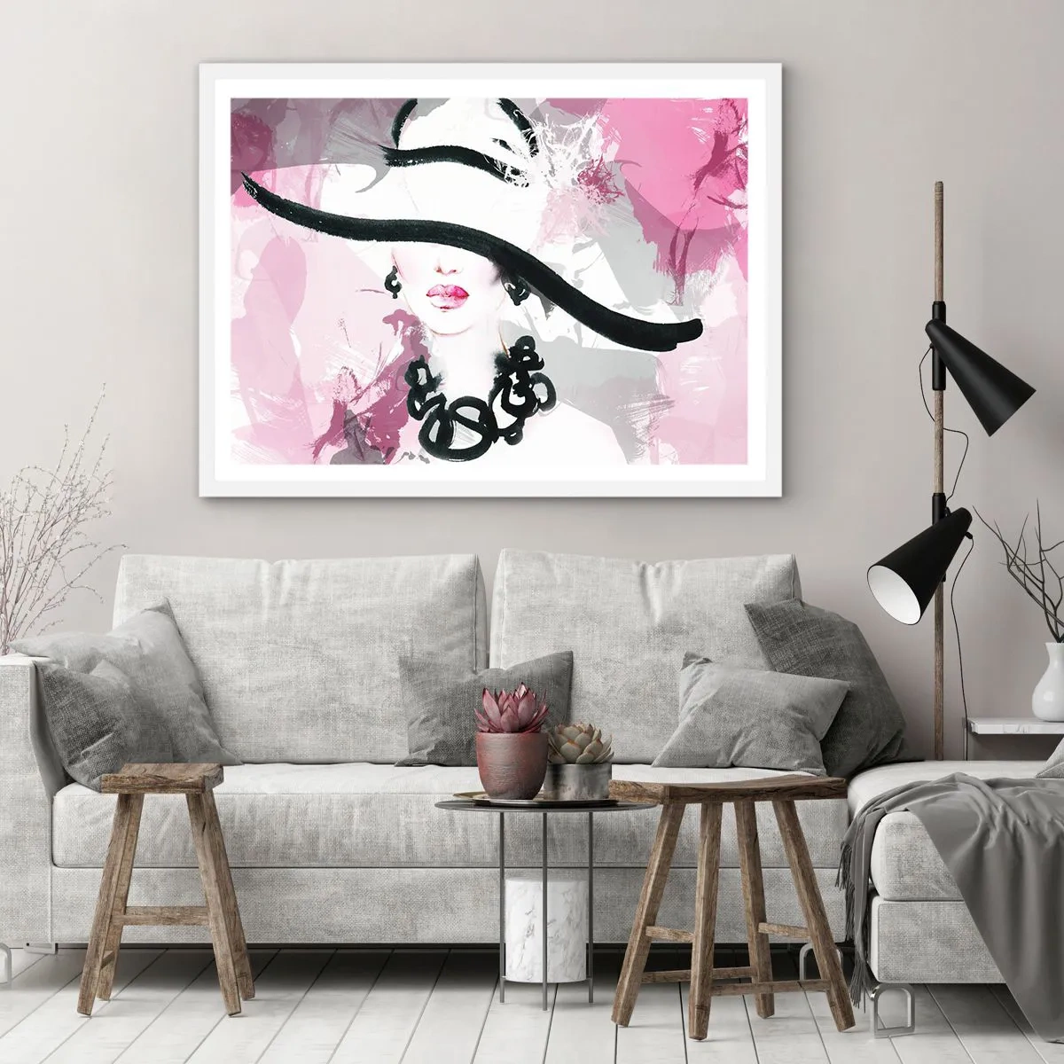 Poster in einem weißen Rahmen - Bildnis einer Dame in Schwarz und Pink - 50x40 cm