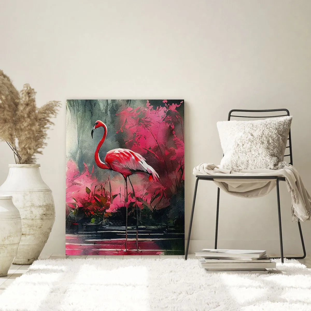 Glasbild - Bild auf glas - Flamingos am Wasser, umgeben von Vegetation - 80x120cm - Lektion in natürlicher Anmut - Moderne Wanddekoration für Wohnzimmer und Schlafzimmer ARTTOR