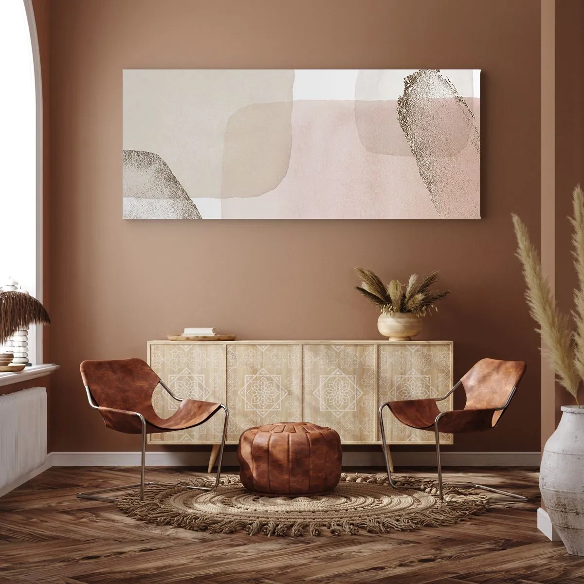 Bild auf Leinwand - Leinwandbild - Pastellfarbene Flecken mit goldenen Elementen - 120x50cm - Ein Blick durch die Farbe - Moderne Wanddekoration für Wohnzimmer und Schlafzimmer ARTTOR