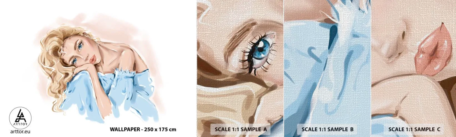 Fototapeten Muster Premium Canvas - Verträumt im Blau - Frau, Mode, Grafik - 100x30 cm