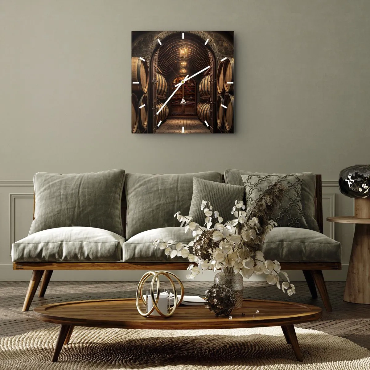 Wanduhr - Glasuhr - Weinkeller mit Holzfässern und Weinregalen - 30x30cm - Stimmungsvoller Keller - Moderne Wanddekoration für Wohnzimmer und Schlafzimmer ARTTOR