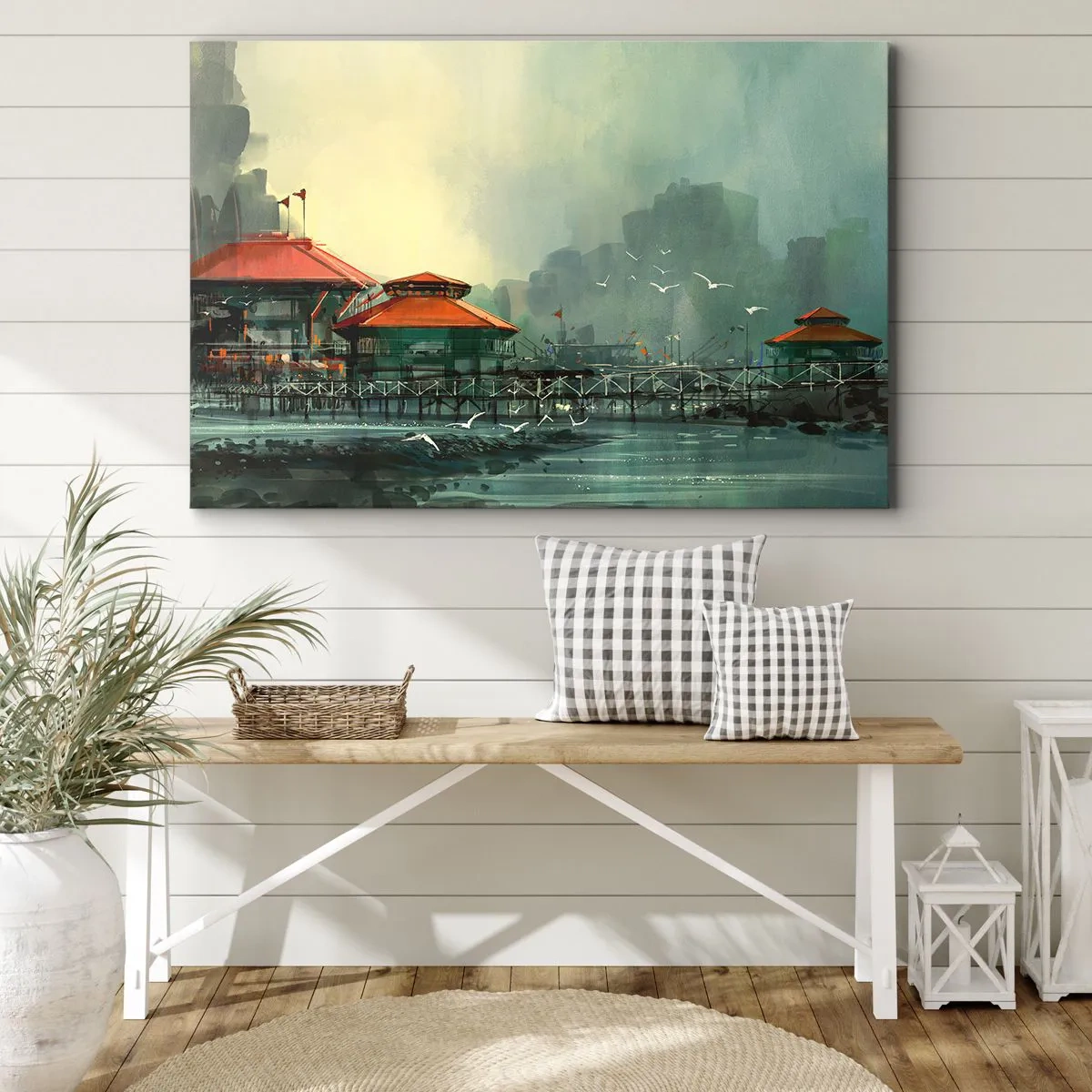 Bild auf Leinwand - Leinwandbild - Hafengebäude in einer regnerischen Landschaft mit Möwen - 120x80cm - Ein sonniger Tag im Hafen - Moderne Wanddekoration für Wohnzimmer und Schlafzimmer ARTTOR
