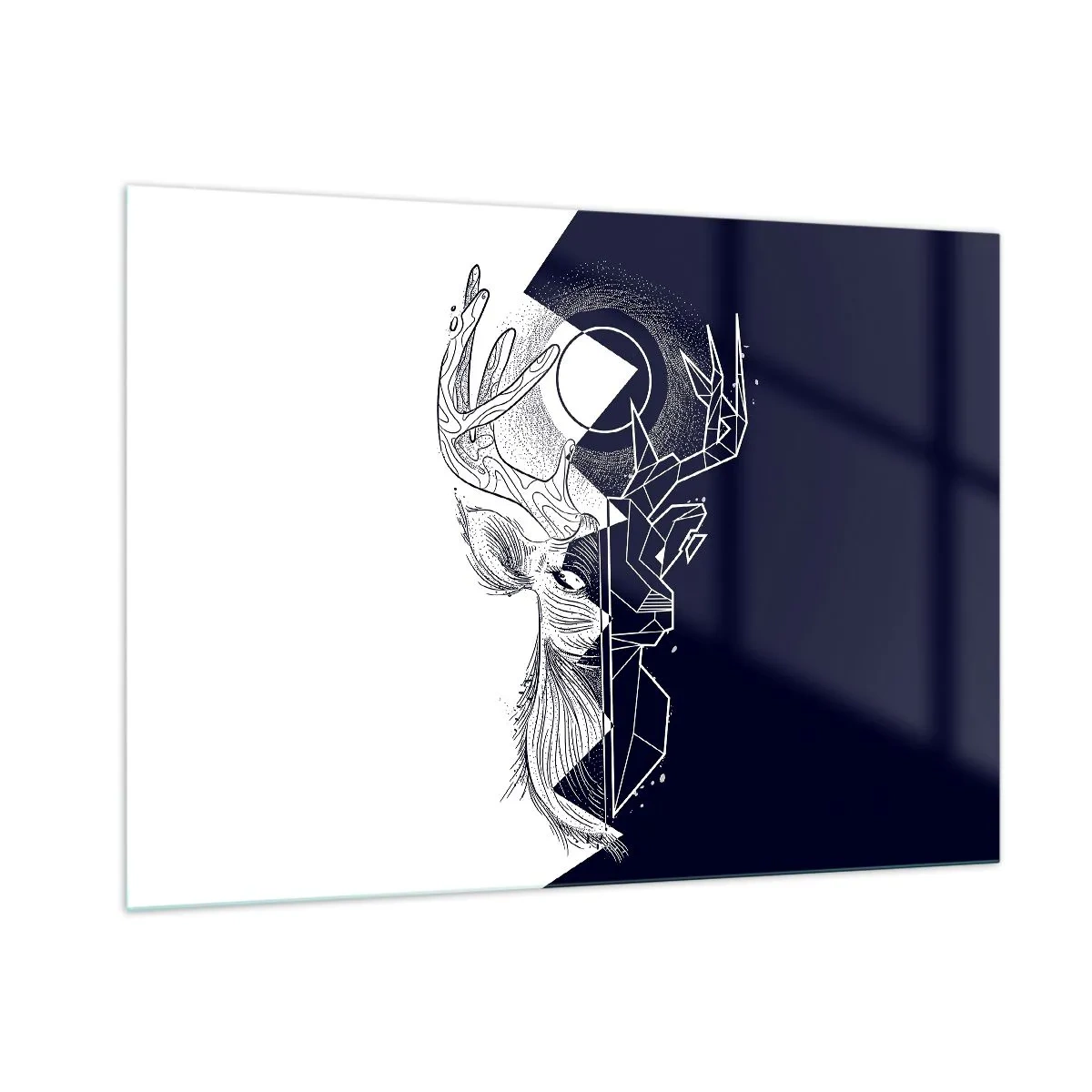 Glasbild - Bild auf glas - Geometrische Zeichnung eines Hirsches auf schwarz-weißem Hintergrund - 100x70cm - Der Kampf und die Einheit der Gegensätze - Moderne Wanddekoration für Wohnzimmer und Schlafzimmer ARTTOR