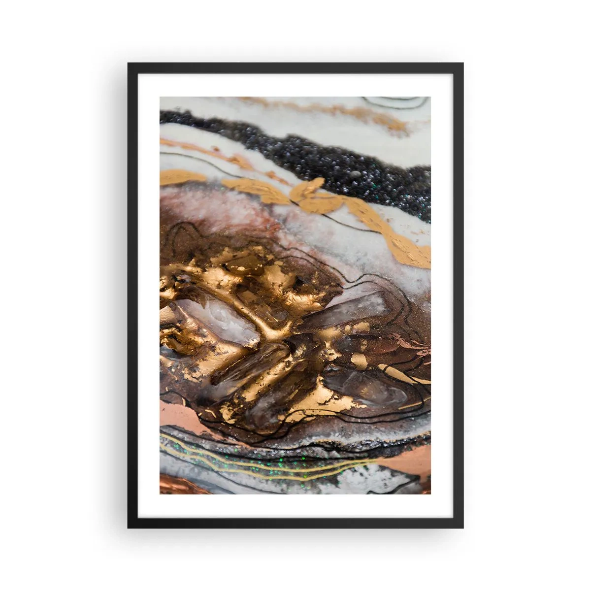 Poster in einem schwarzem Rahmen - Ein abstraktes Muster in Gold-, Schwarz- und Weißtönen, inspiriert von der Natur. - 50x70cm - Das Element der Erde - Moderne Wanddekoration für Wohnzimmer und Schlafzimmer ARTTOR