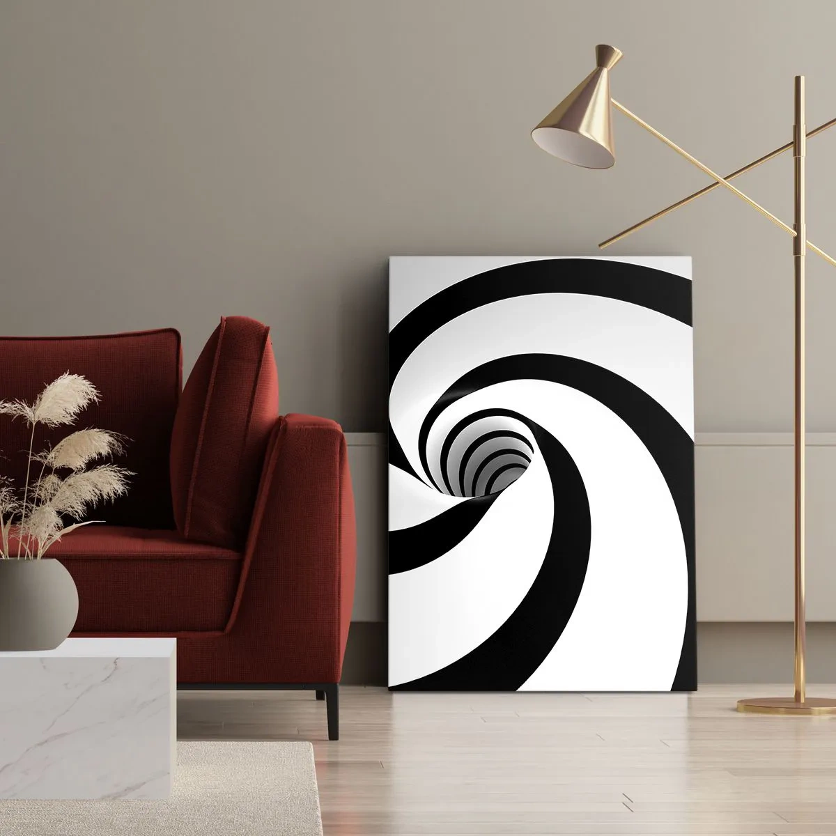 Bild auf Leinwand - Leinwandbild - Abstrakte schwarz-weiße Spirale mit Wirbeleffekt - 80x120cm - Dem Wirbel nachgeben? - Moderne Wanddekoration für Wohnzimmer und Schlafzimmer ARTTOR