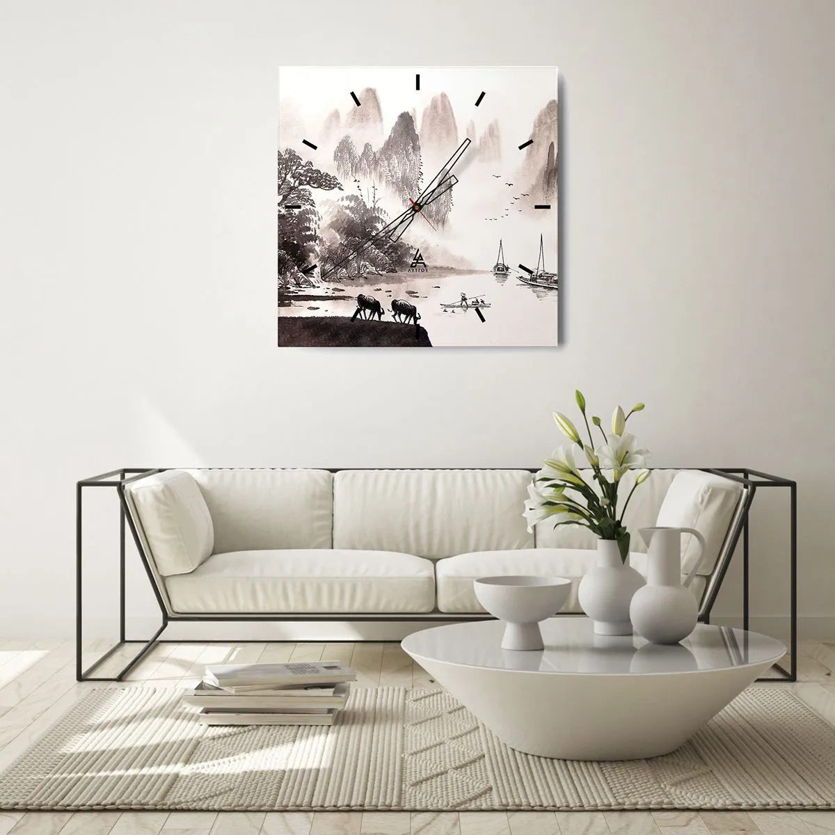 Wanduhr - Glasuhr - Eine malerische Landschaft im asiatischen Stil mit nebligen Bergen - 30x30cm - Der exotische Alltag des Ostens - Moderne Wanddekoration für Wohnzimmer und Schlafzimmer ARTTOR