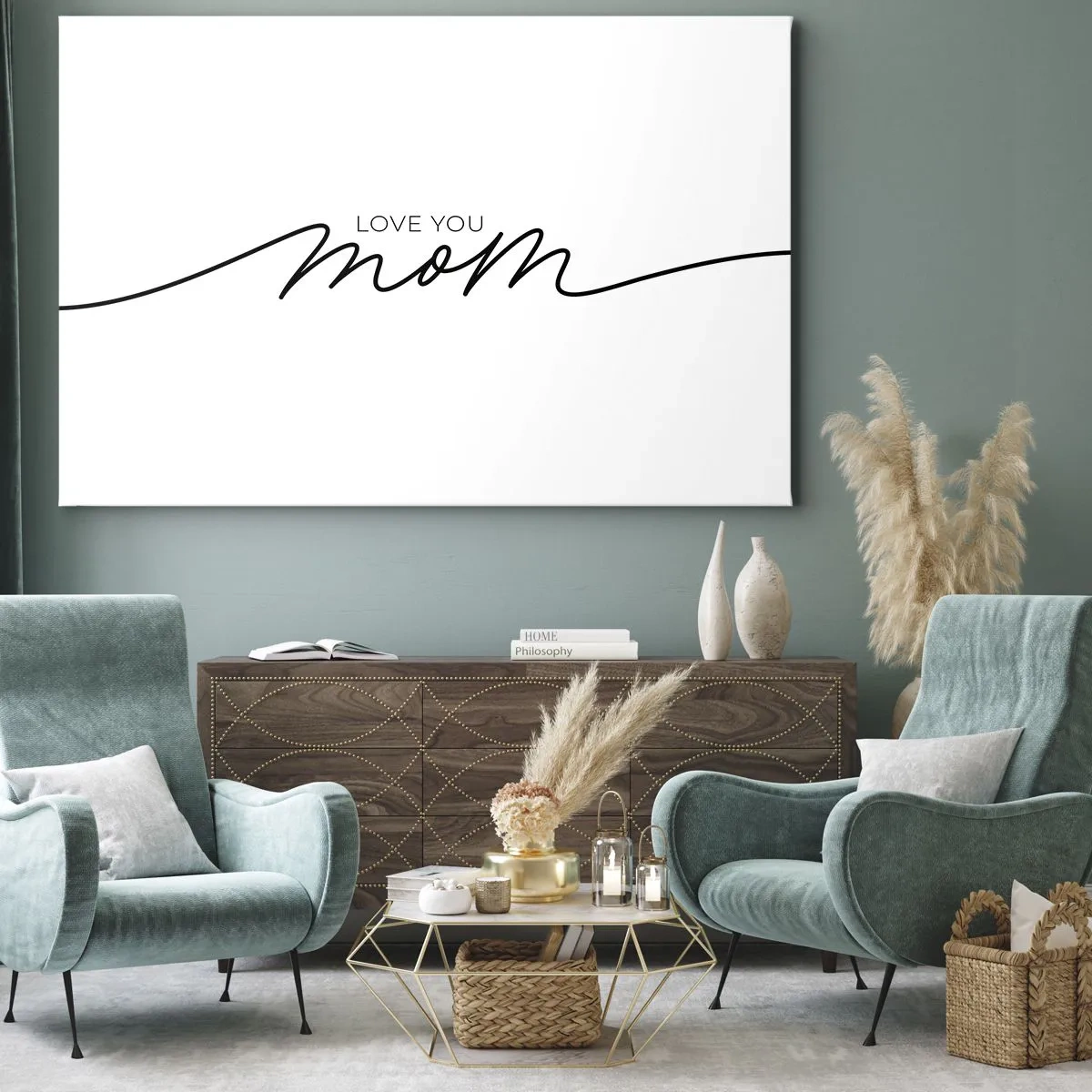 Bild auf Leinwand - Leinwandbild - Minimalistische Love You Mom-Inschrift auf weißem Hintergrund - 70x50cm - Große Emotionen - Moderne Wanddekoration für Wohnzimmer und Schlafzimmer ARTTOR