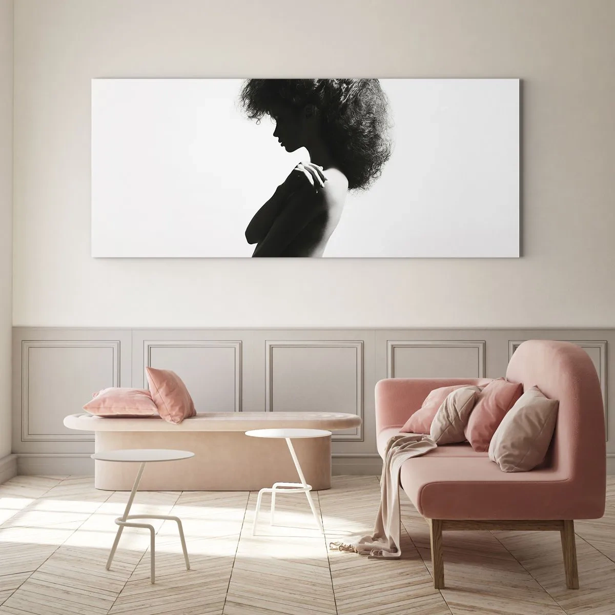 Glasbild - Bild auf glas - Eine subtile Silhouette einer Frau in Schwarz-Weiß-Tönen auf hellem Hintergrund - 160x50cm - Wie eine Blume auf einem schlanken Stiel - Moderne Wanddekoration für Wohnzimmer und Schlafzimmer ARTTOR