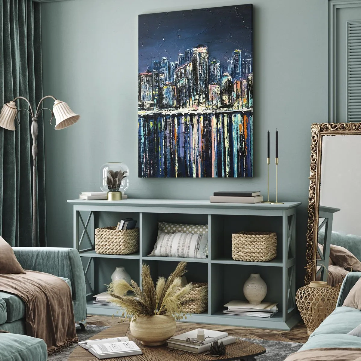 Bild auf Leinwand - Leinwandbild - Panorama der nächtlichen Stadt, die sich im Wasser spiegelt - 80x120cm - Kaskade von Lichtern - Moderne Wanddekoration für Wohnzimmer und Schlafzimmer ARTTOR