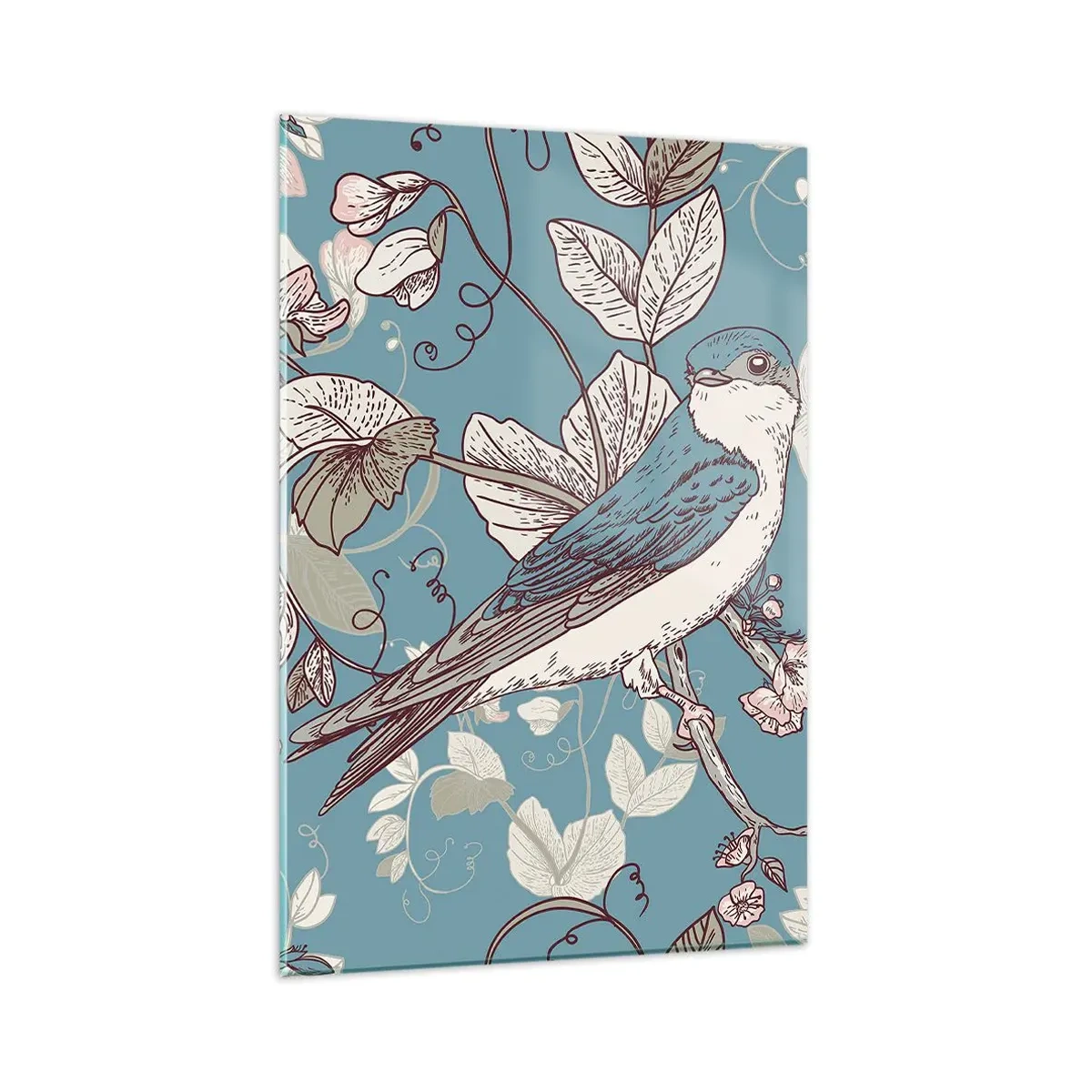 Glasbild - Bild auf glas - Ein Vogel auf einem Ast in einem zarten Blumenstil - 80x120cm - Im Weißholz von Rot und Silber - Moderne Wanddekoration für Wohnzimmer und Schlafzimmer ARTTOR