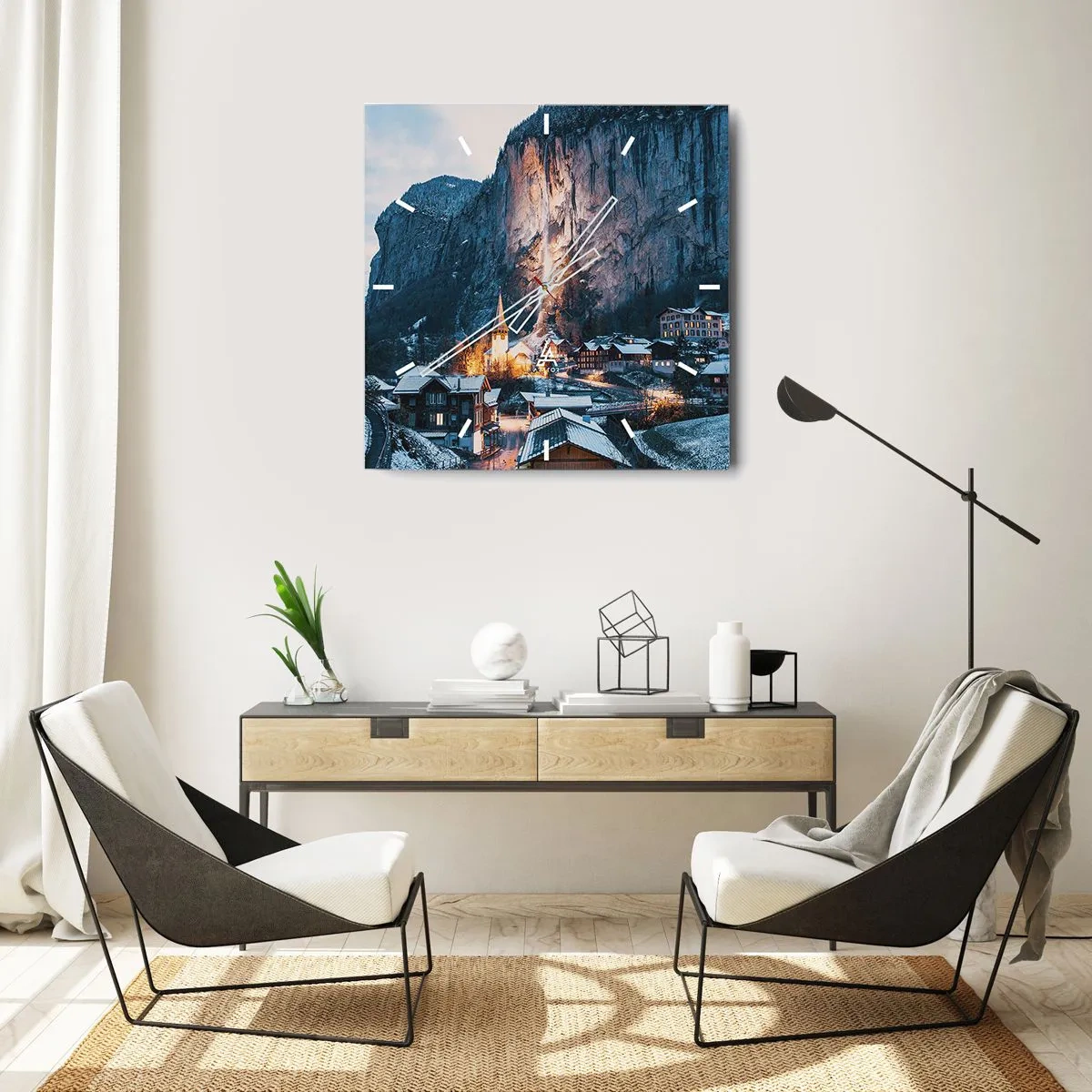 Wanduhr - Glasuhr - Ein malerisches Winterdorf, umgeben von Bergen - 30x30cm - Der leuchtende Geist des Winters - Moderne Wanddekoration für Wohnzimmer und Schlafzimmer ARTTOR