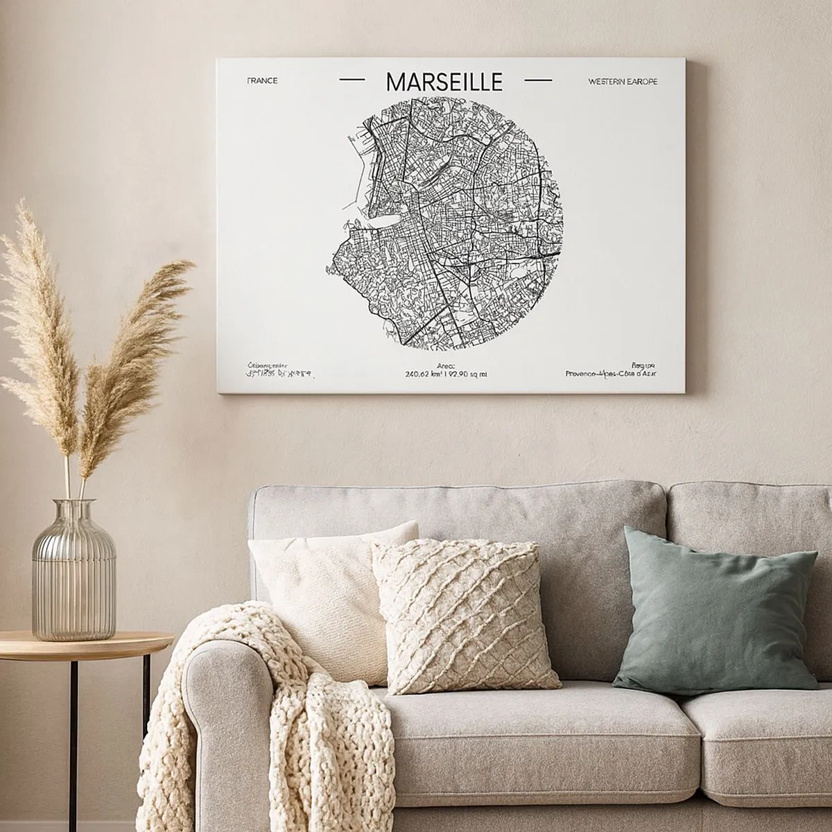 Bild auf Leinwand - Leinwandbild - Karte von Marseille im minimalistischen Stil - 70x50cm - Anatomie von Marseille - Moderne Wanddekoration für Wohnzimmer und Schlafzimmer ARTTOR