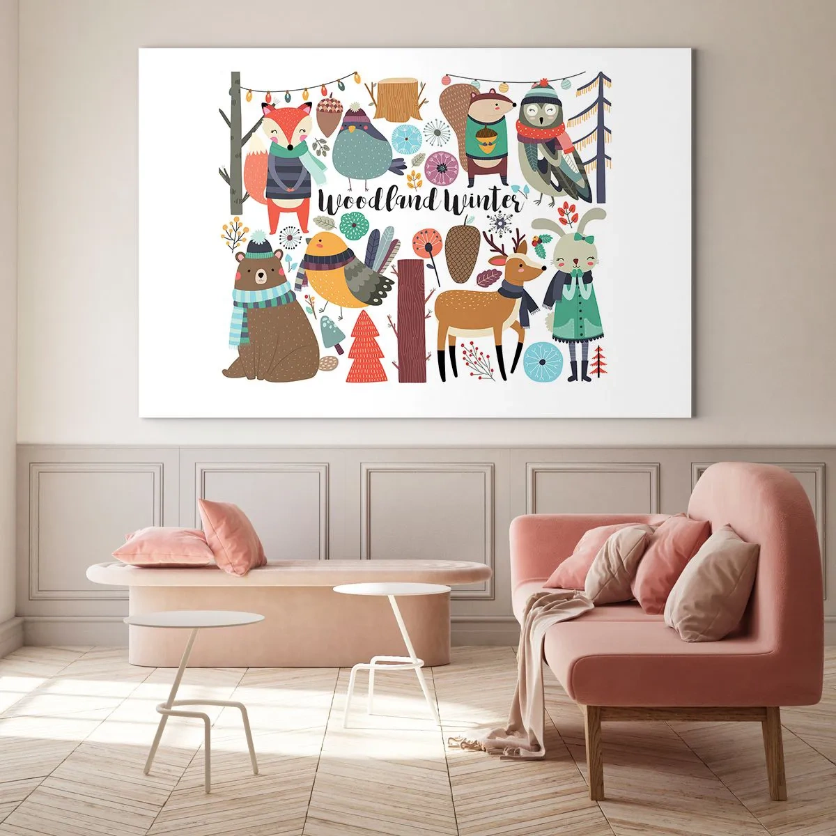 Glasbild - Bild auf glas - Winterwald mit niedlichen Tieren in der Illustration - 120x80cm - Märchenhafter Urlaub im Wald - Moderne Wanddekoration für Wohnzimmer und Schlafzimmer ARTTOR