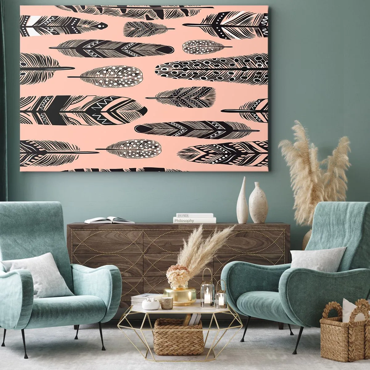 Bild auf Leinwand - Leinwandbild - Dekorative Federn auf hellem Hintergrund - 70x50cm - Indische Sammlung - Moderne Wanddekoration für Wohnzimmer und Schlafzimmer ARTTOR
