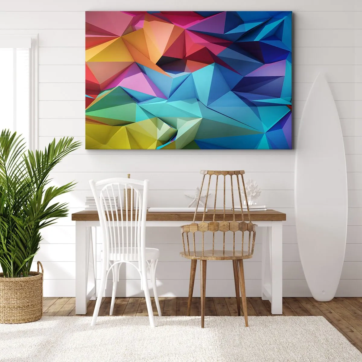 Bild auf Leinwand - Leinwandbild - Bunte geometrische Abstraktion in lebendigen Farben - 70x50cm - Regenbogen-Origami - Moderne Wanddekoration für Wohnzimmer und Schlafzimmer ARTTOR