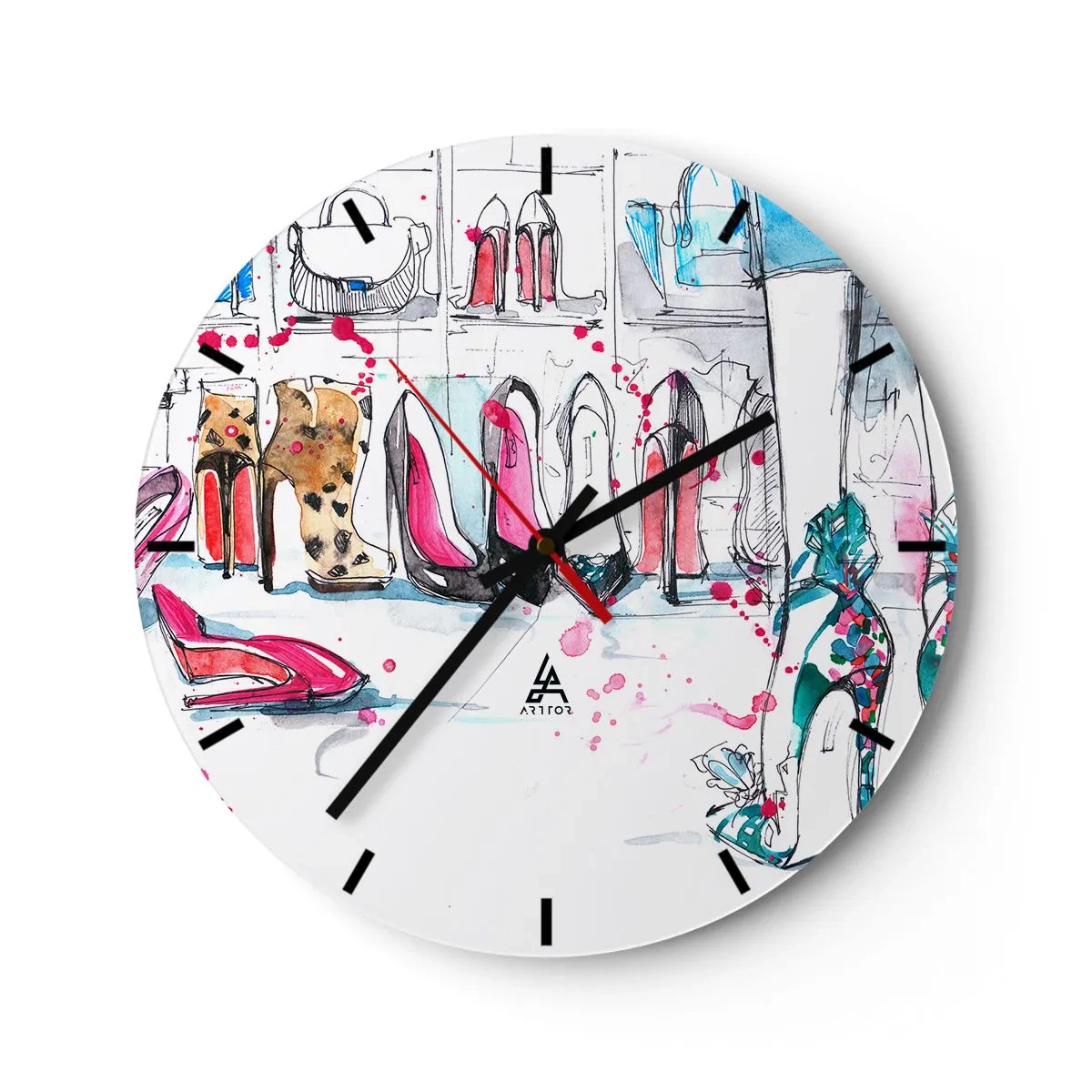 Wanduhr - Glasuhr - Stylische High Heels in einem eleganten Accessoire-Geschäft - 30x30cm - Sesam, mach auf - Moderne Wanddekoration für Wohnzimmer, Küche und Schlafzimmer ARTTOR