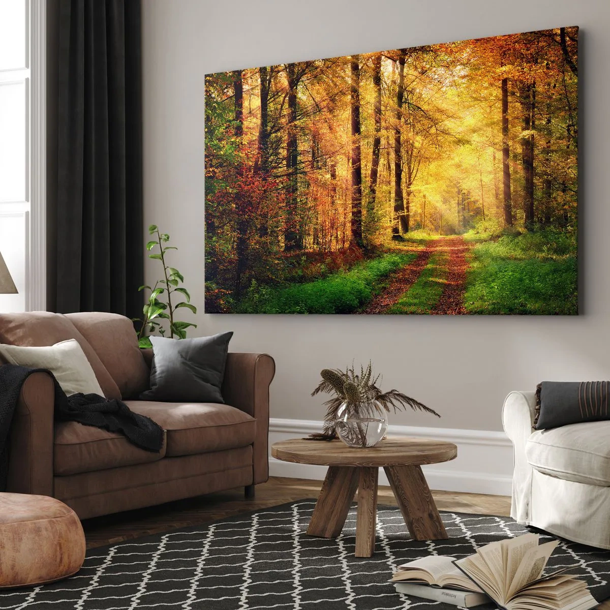 Bild auf Leinwand - Leinwandbild - Ein Waldweg, umgeben von goldenen und grünen Bäumen - 100x70cm - Waldgoldene Stille - Moderne Wanddekoration für Wohnzimmer und Schlafzimmer ARTTOR