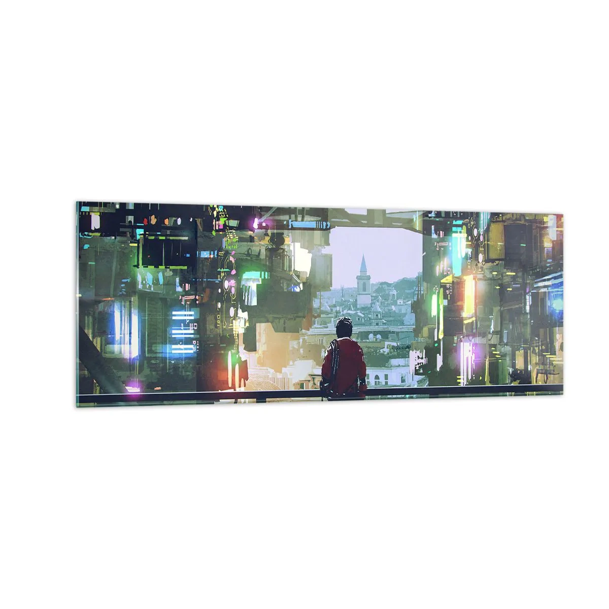 Glasbild - Bild auf glas - Eine Figur in einer futuristischen Stadt mit Neonlichtern - 140x50cm - Zwei Welten - Moderne Wanddekoration für Wohnzimmer und Schlafzimmer ARTTOR