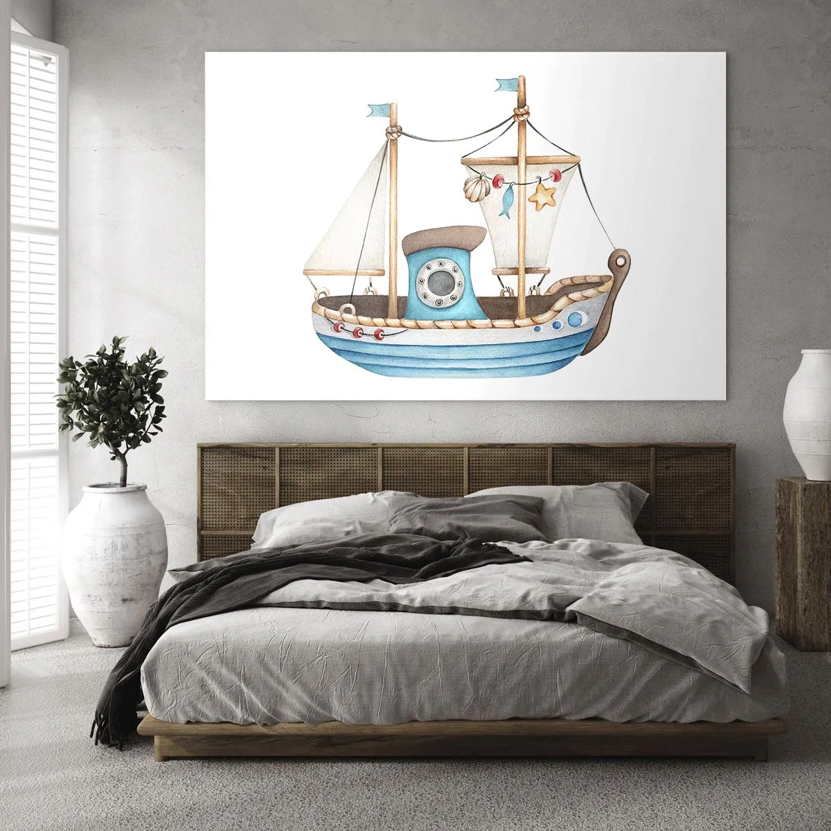 Glasbild - Bild auf glas - Illustration eines Kinderschiffs auf weißem Hintergrund - 70x50cm - Ahoi, Abenteuer! - Moderne Wanddekoration für Wohnzimmer und Schlafzimmer ARTTOR