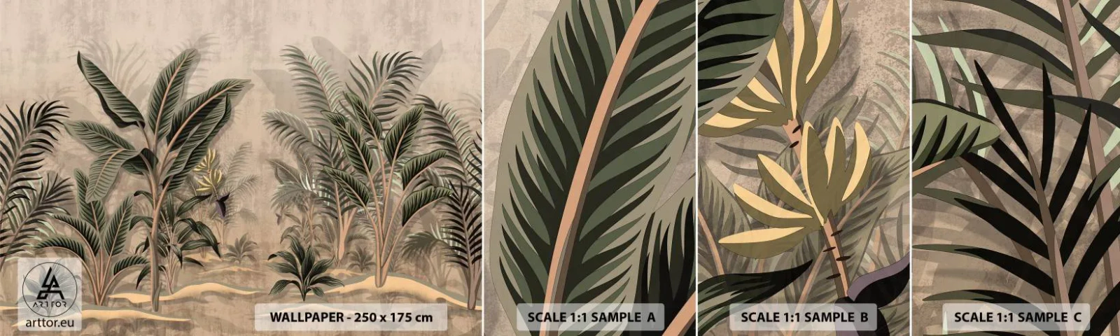 Fototapeten Muster Selbstklebend Deluxe Sticker - Eine Gravur im Kolonialstil - Tropenwald, Kokusnuss-Palme, Bananenbaum - 100x30 cm