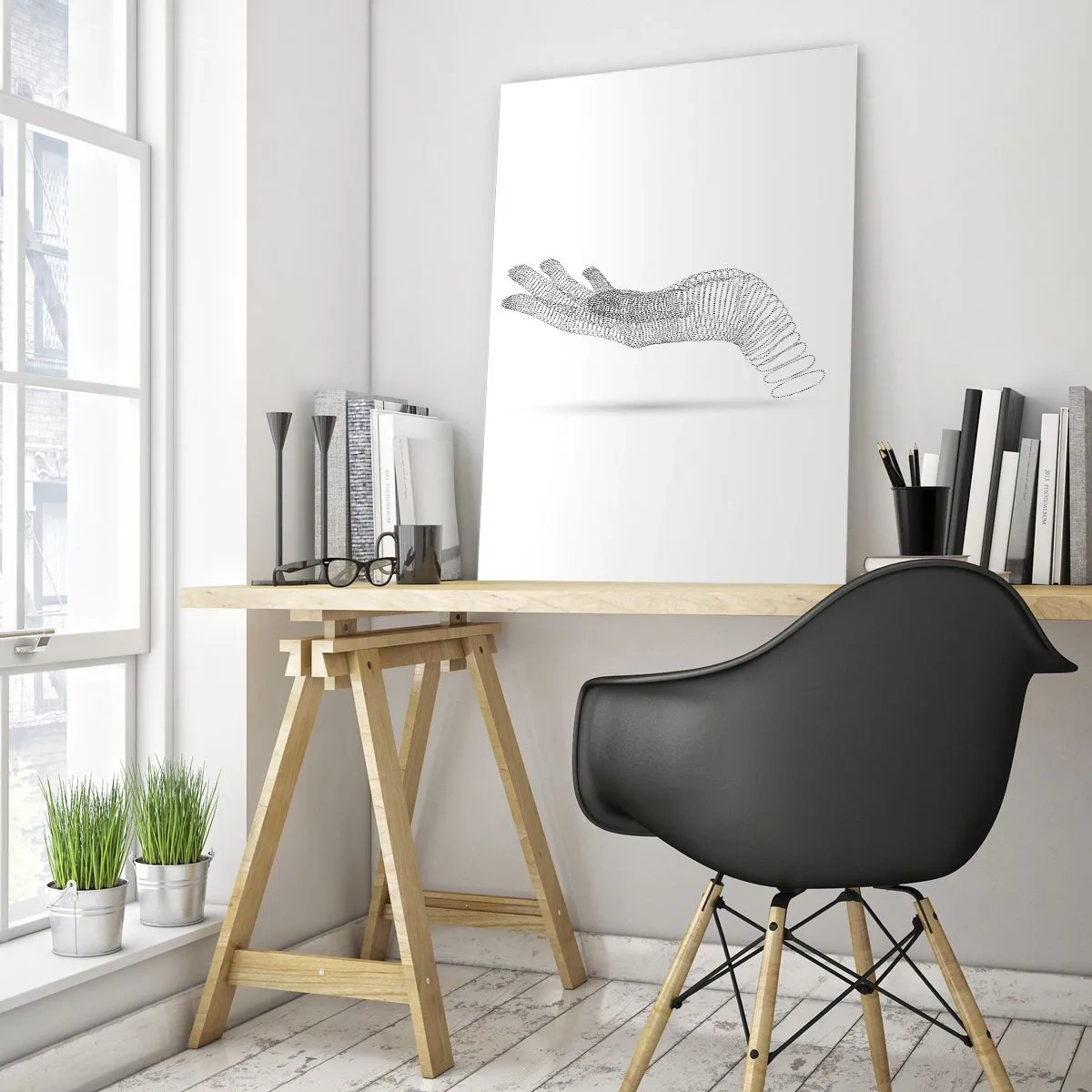 Glasbild - Bild auf glas - Minimalistische Grafik einer Hand aus Punkten - 50x70cm - Federnde Hand - Moderne Wanddekoration für Wohnzimmer und Schlafzimmer ARTTOR