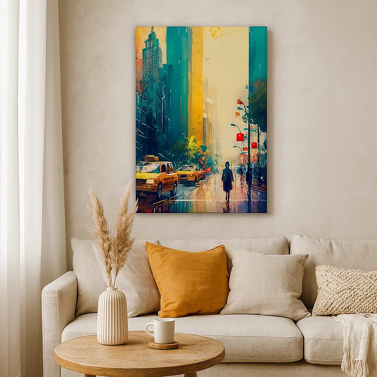 Bild auf Leinwand - Leinwandbild - Eine geschäftige Stadt mit Taxis und Passanten - 50x70cm - New York – selbst der Regen ist hier bunt - Moderne Wanddekoration für Wohnzimmer und Schlafzimmer ARTTOR