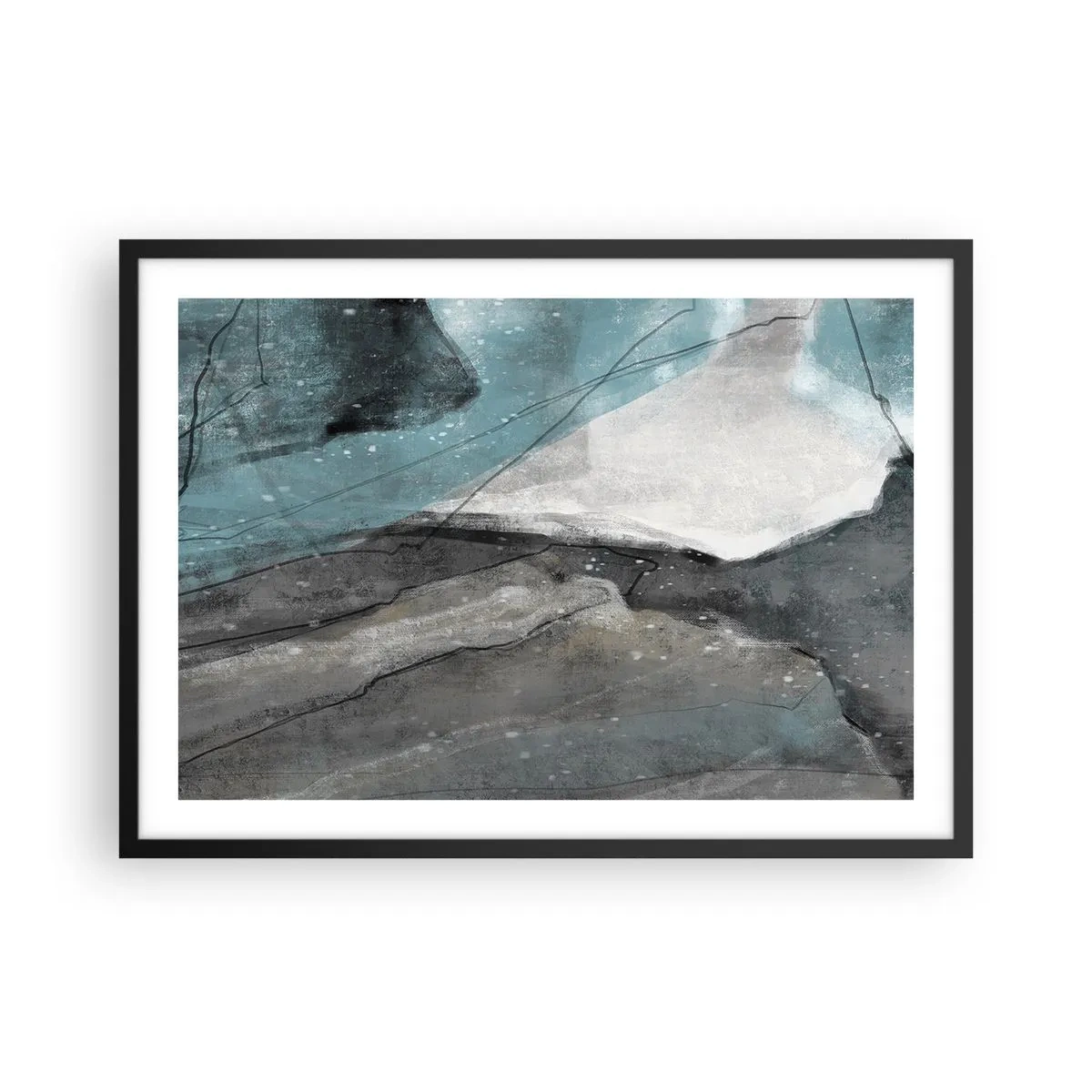Poster in einem schwarzem Rahmen - Abstrakte Komposition in Grau- und Blautönen - 70x50cm - Abstraktion: Felsen und Eis - Moderne Wanddekoration für Wohnzimmer und Schlafzimmer ARTTOR