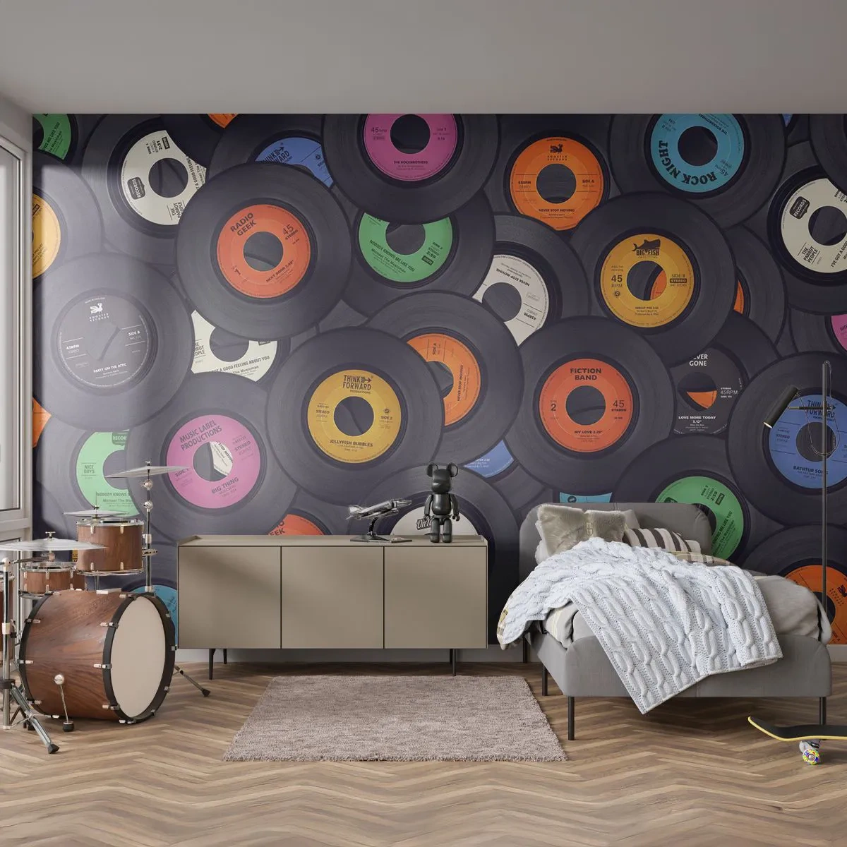 Fototapete Standard Eco - Eine Sammlung bunter Schallplatten - 100x70cm - Farben der Klassiker - Moderne Wanddekoration für Wohnzimmer und Schlafzimmer ARTTOR
