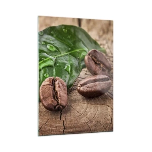 Glasbild - Bild auf glas - Kaffeebohnen auf einem Blatt und Holzhintergrund - 50x70cm - Der wahrste und schwarze - Moderne Wanddekoration für Wohnzimmer und Schlafzimmer ARTTOR