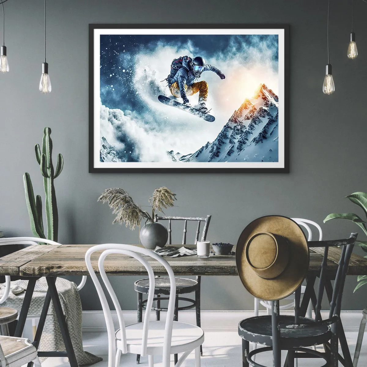 Poster in einem schwarzem Rahmen - Ein Snowboarder fliegt über schneebedeckte Berge - 70x50cm - Extreme Emotionen - Moderne Wanddekoration für Wohnzimmer und Schlafzimmer ARTTOR