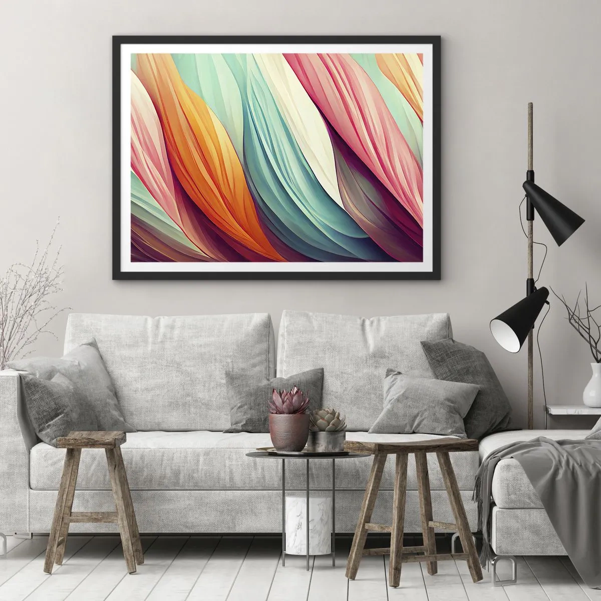 Poster in einem schwarzem Rahmen - Abstrakte Linien in Pastell- und leuchtenden Farben - 70x50cm - Regenbogengewebe - Moderne Wanddekoration für Wohnzimmer und Schlafzimmer ARTTOR