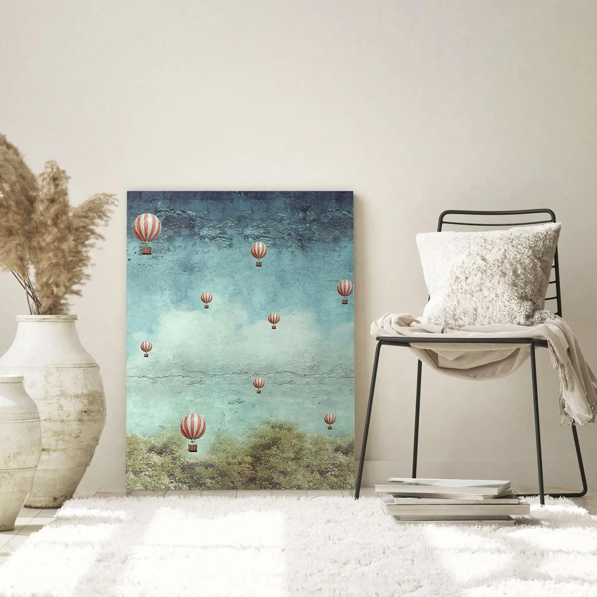 Glasbild - Bild auf glas - Ballons schweben über einer grünen Landschaft - 50x70cm - Frei von der Hektik des Lebens - Moderne Wanddekoration für Wohnzimmer und Schlafzimmer ARTTOR