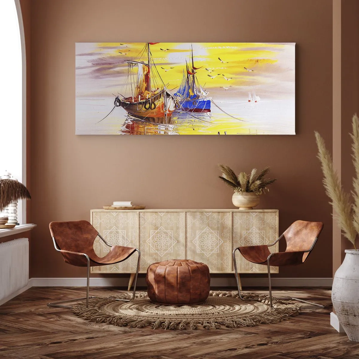 Bild auf Leinwand - Leinwandbild - Eine malerische Szene von Booten auf ruhiger See - 140x50cm - Eine wohlverdiente Pause im Hafen - Moderne Wanddekoration für Wohnzimmer und Schlafzimmer ARTTOR