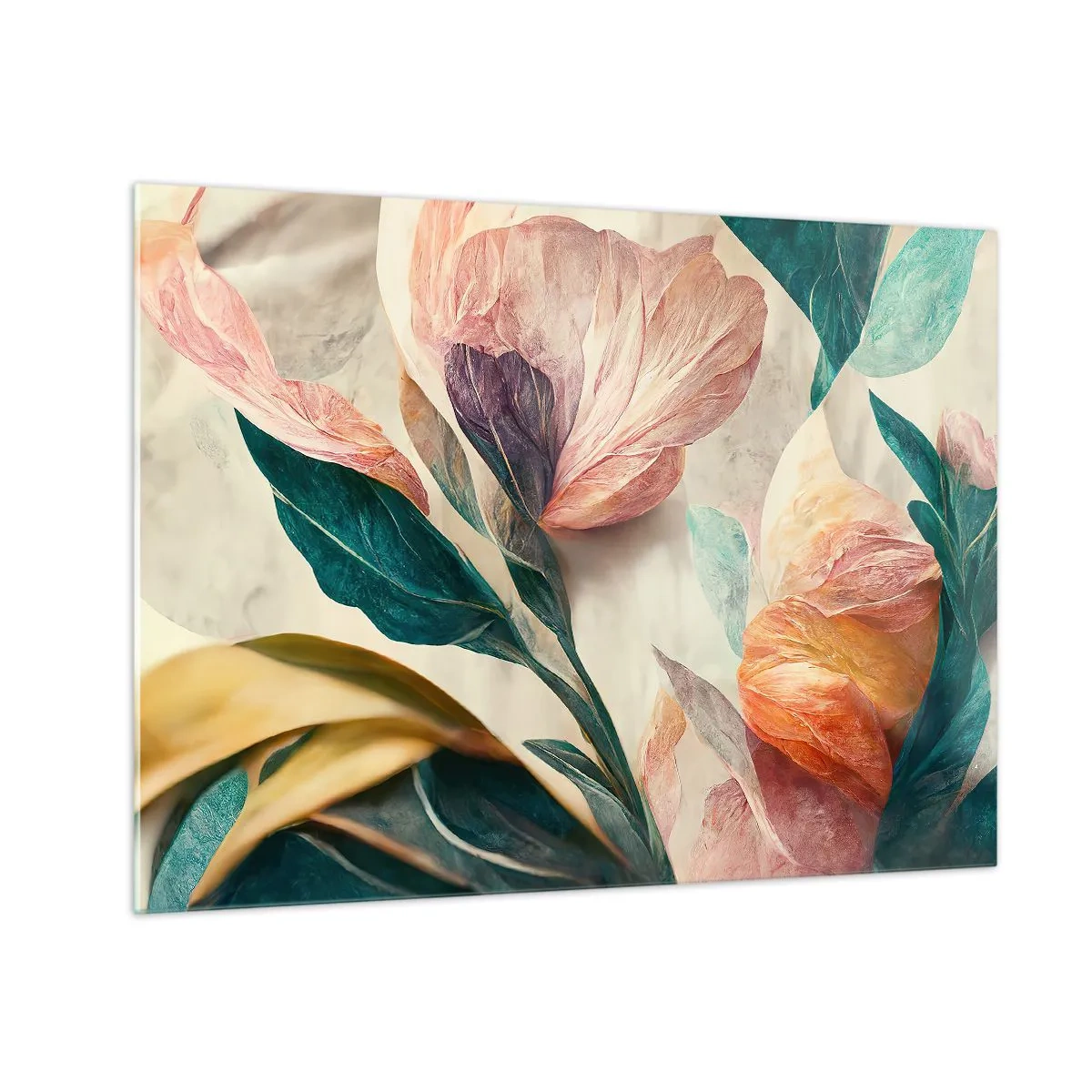 Glasbild - Bild auf glas - Exotische Blumen und Blätter in Pastellfarben im botanischen Stil - 70x50cm - Blumen der südlichen Inseln - Moderne Wanddekoration für Wohnzimmer und Schlafzimmer ARTTOR