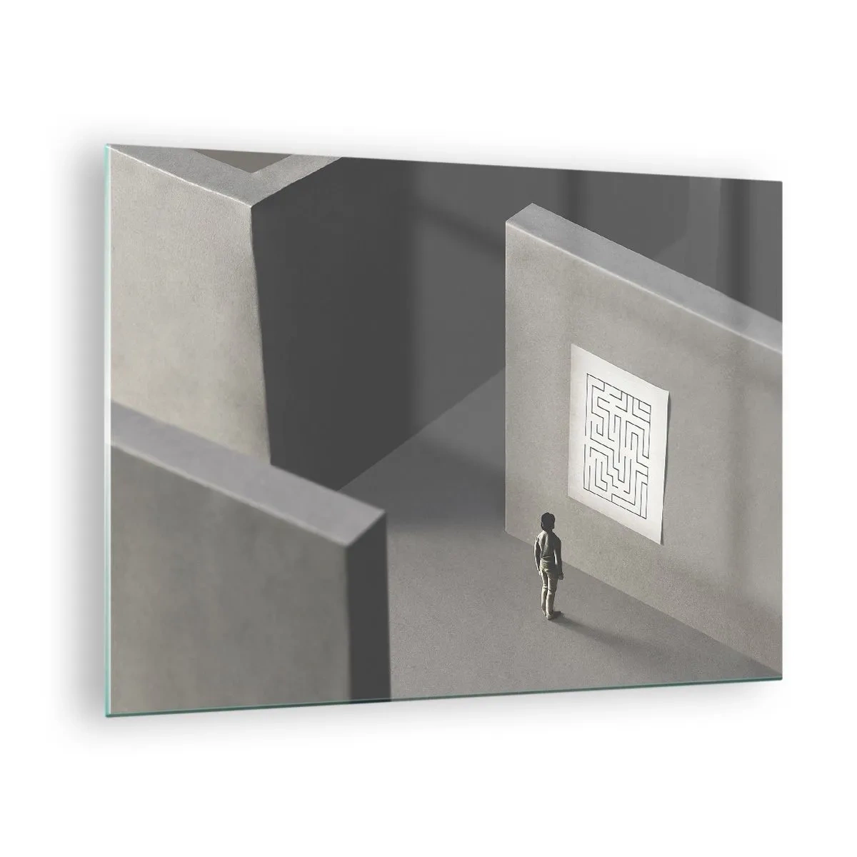 Glasbild - Bild auf glas - Kind in einem Labyrinth mit einem Rätselsymbol - 70x50cm - Aber wo bin ich? - Moderne Wanddekoration für Wohnzimmer und Schlafzimmer ARTTOR
