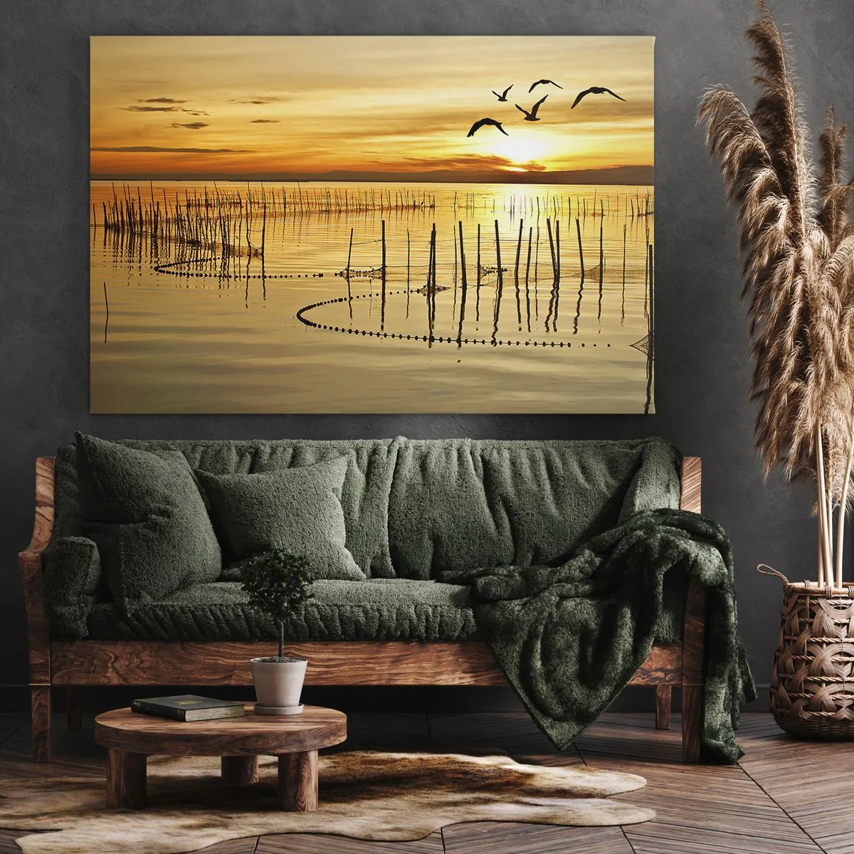 Bild auf Leinwand - Leinwandbild - Sonnenuntergang über dem Wasser mit Vögeln im Flug - 70x50cm - In der Fischerei - Moderne Wanddekoration für Wohnzimmer und Schlafzimmer ARTTOR