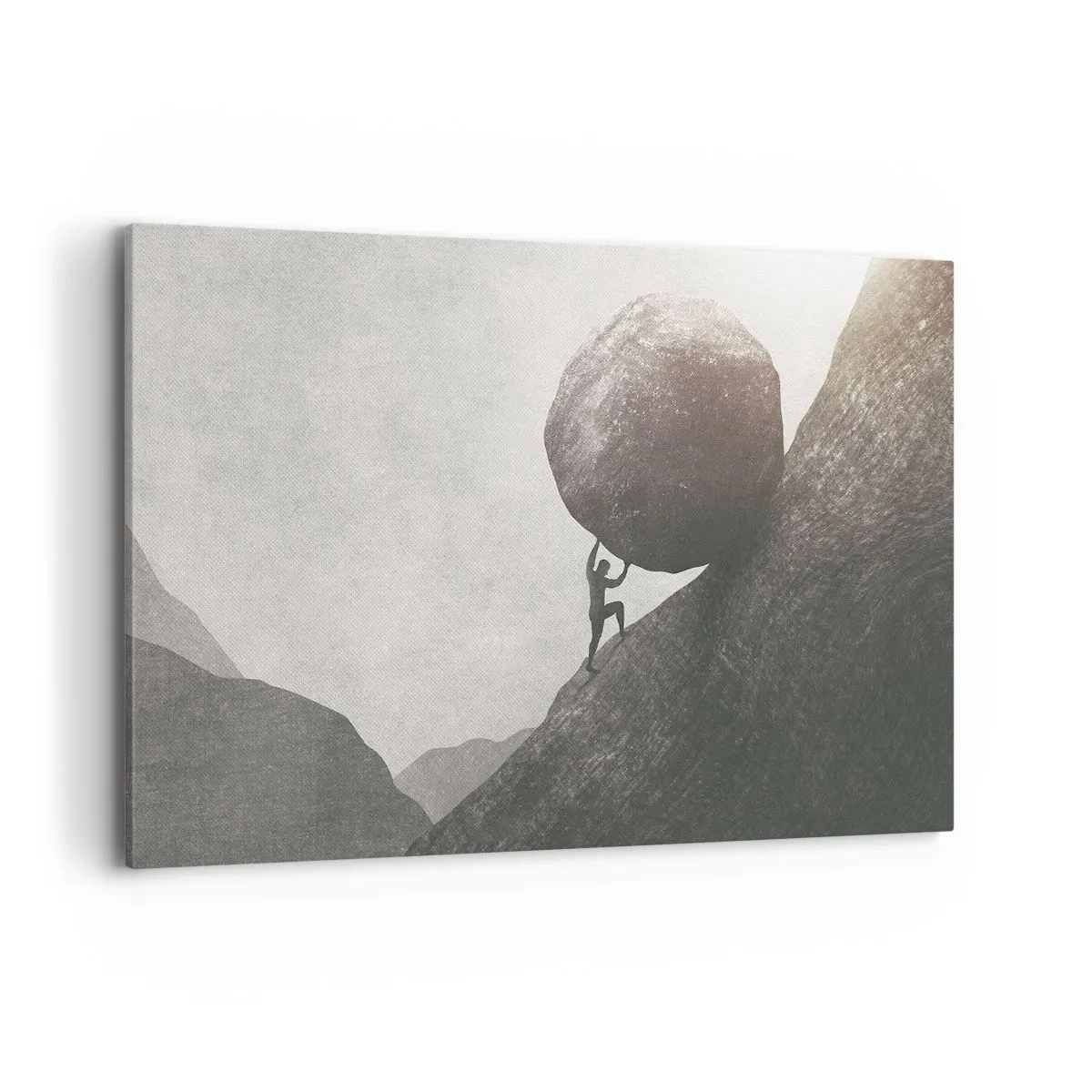Bild auf Leinwand - Leinwandbild - Ein Mann klettert einen riesigen Felsbrocken einen Hügel hinauf - 120x80cm - Ich glaube wider alle Hoffnung - Moderne Wanddekoration für Wohnzimmer und Schlafzimmer ARTTOR