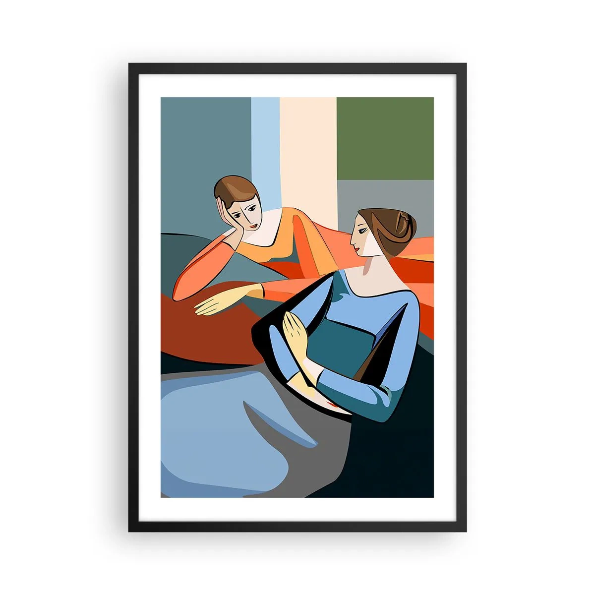 Poster in einem schwarzem Rahmen - Eine moderne Illustration zweier Frauen im kubistischen Stil. - 50x70cm - Moment der Zuversicht - Moderne Wanddekoration für Wohnzimmer und Schlafzimmer ARTTOR
