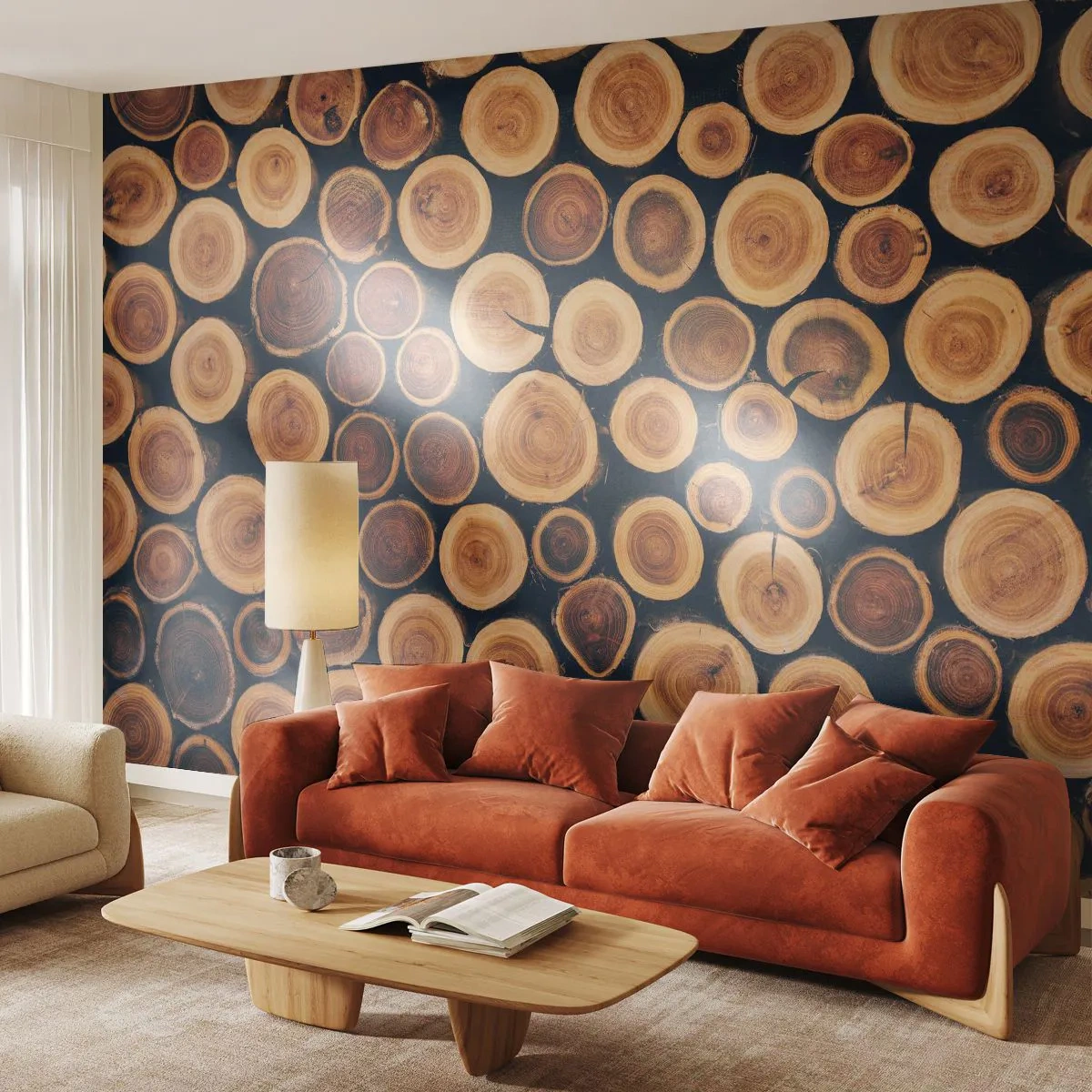 Fototapete Standard Eco - Gestapelte Holzscheiben auf dunklem Hintergrund - 100x70cm - Wie alt sehe ich aus? - Moderne Wanddekoration für Wohnzimmer und Schlafzimmer ARTTOR