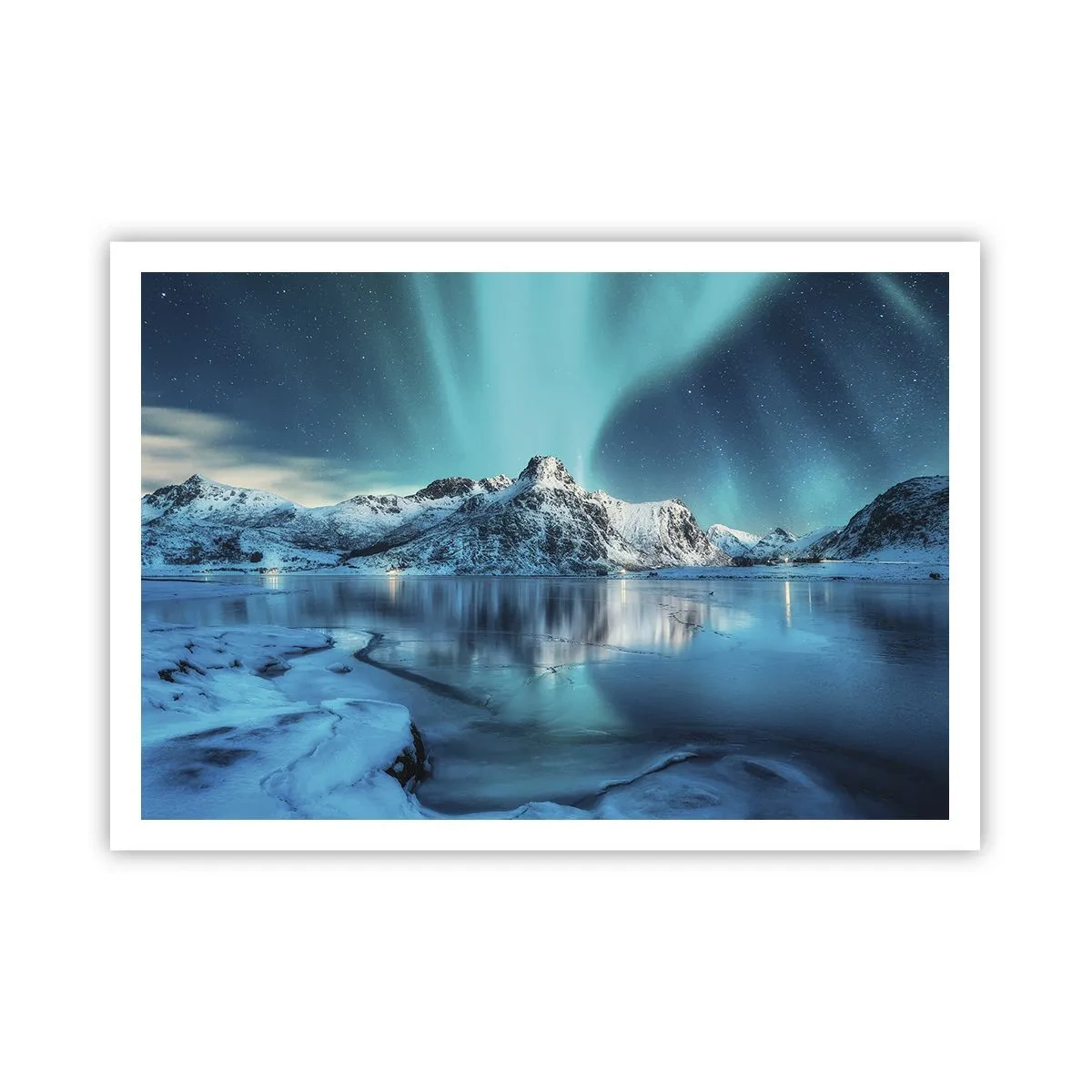 Poster - Aurora Borealis über schneebedeckten Bergen und einem See - 100x70cm - Lichtnacht - Moderne Wanddekoration für Wohnzimmer und Schlafzimmer ARTTOR