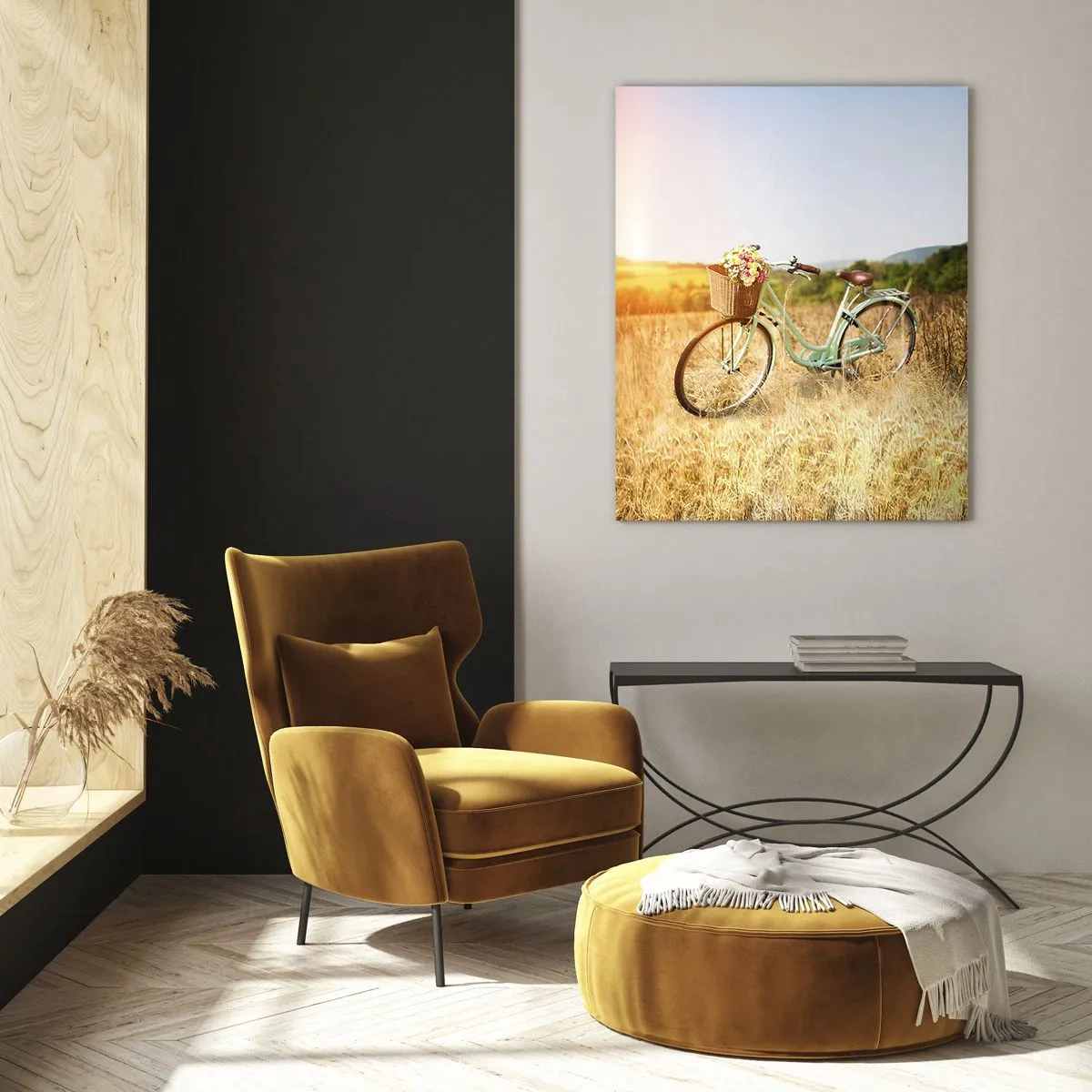 Glasbild - Bild auf glas - Ein Retro-Fahrrad mit einem Korb voller Blumen vor einem Wiesenhintergrund. - 70x100cm - Ich bleibe eine Weile hier - Moderne Wanddekoration für Wohnzimmer und Schlafzimmer ARTTOR