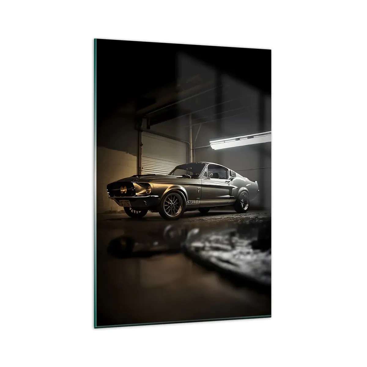 Glasbild - Bild auf glas - Oldtimer in Retro-Garage - 80x120cm - Zurück in die Vergangenheit - Moderne Wanddekoration für Wohnzimmer und Schlafzimmer ARTTOR