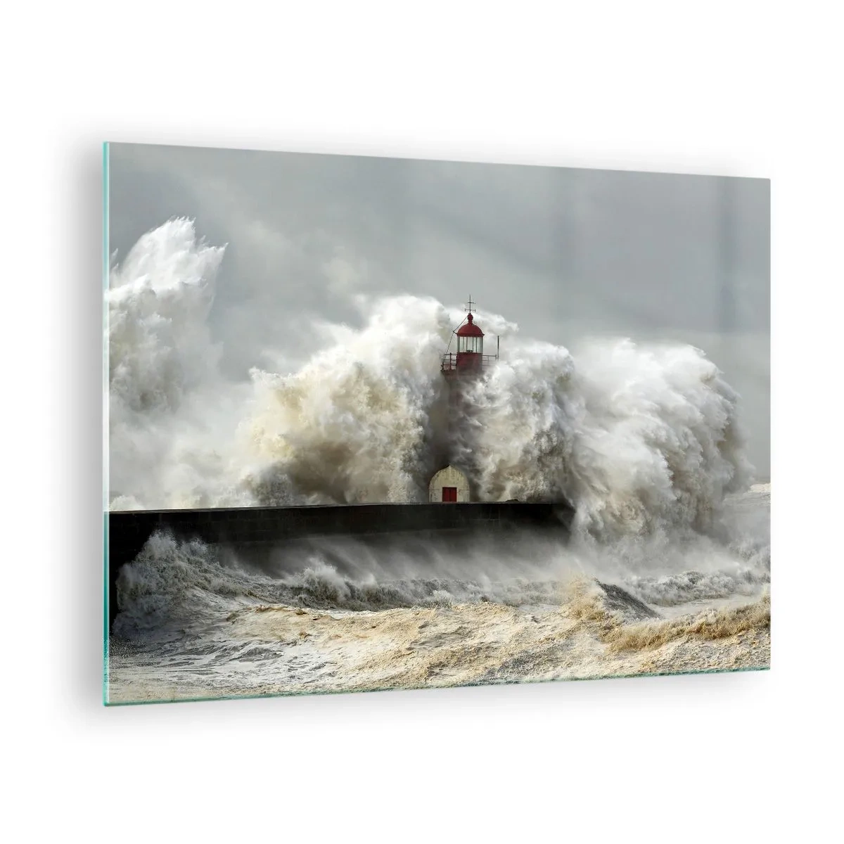 Glasbild - Bild auf glas - Ein Leuchtturm, umgeben von mächtigen Wellen - 70x50cm - Die Wut des Ozeans - Moderne Wanddekoration für Wohnzimmer und Schlafzimmer ARTTOR