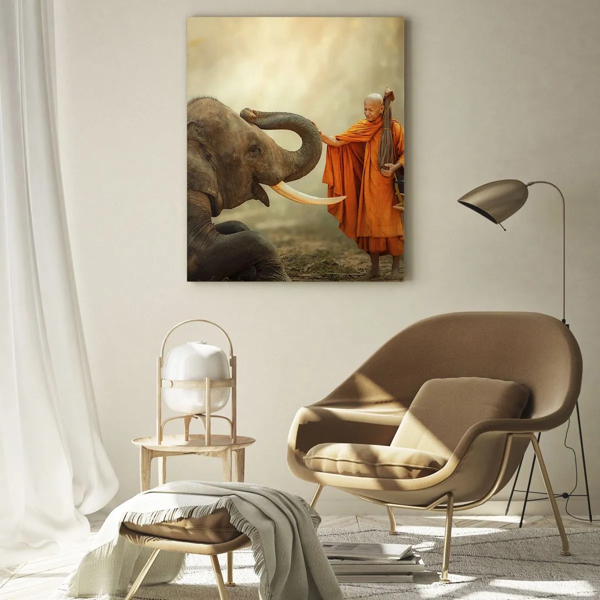 Glasbild - Bild auf glas - Ein Mönch und ein Elefant in Harmonie vor der Kulisse der Natur - 70x100cm - Treffen unterwegs - Moderne Wanddekoration für Wohnzimmer und Schlafzimmer ARTTOR